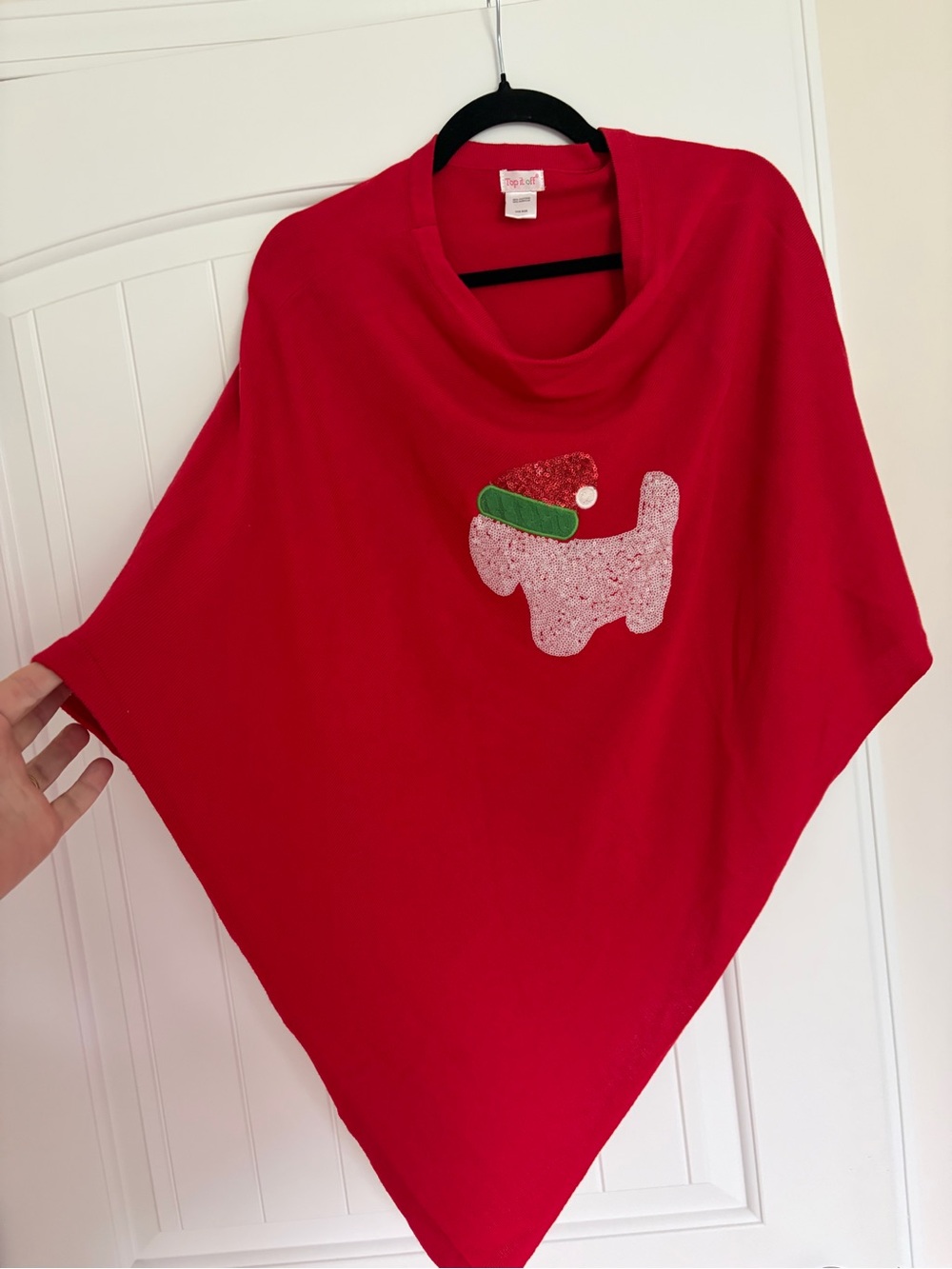 Red Holiday Poncho Top with Sequin Dog Applique